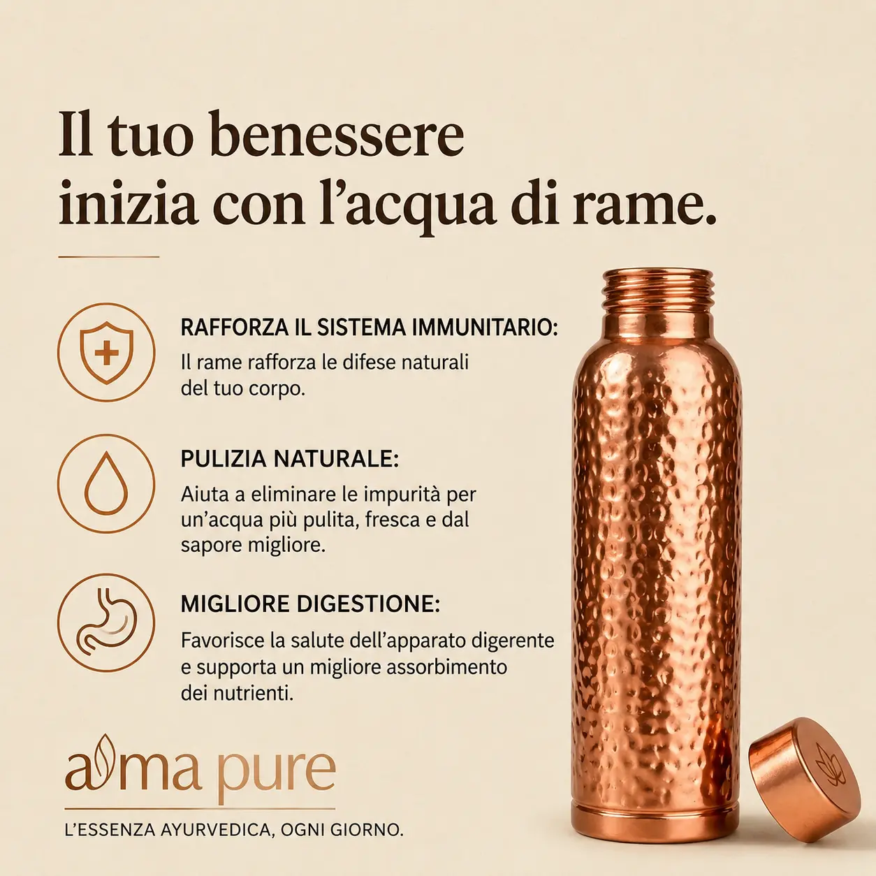 Alma Pure™ · Borraccia in Rame · Acqua Purificata Naturalmente